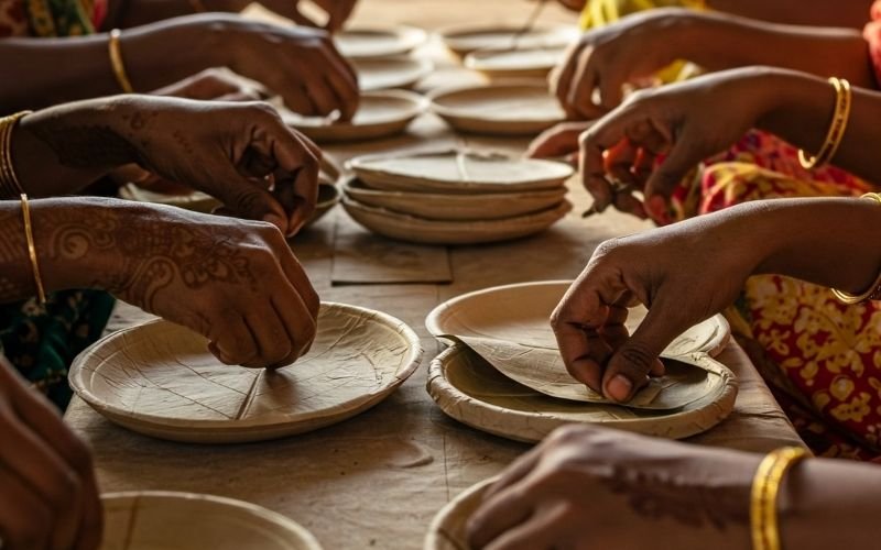 women working with areca leaves